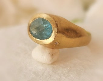 14k Gold Aquamarine Signet Ring, Statement Aquamarine Jewelry for Women