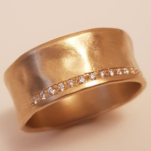 18K Wide Cigar Band Ring with 18 Small Flush Set Diamonds, Unique Solid Gold Wide Wedding Band, 9mm Wide Gold Band, Thick Diamond Band Ring