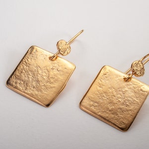 Large Square Gold Drop Earrings, 14k Solid Gold Earrings, Hammered Gold Earrings, Statement Earrings, Handmade Gold Earrings, Handmade Gifts