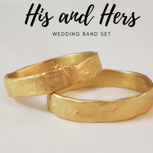 14K Ehering Set, für Sie und Ihn Solid Goldring 4 mm Ehering, strukturierter Ring, einzigartiges Gehämmertes Ehering-Set
