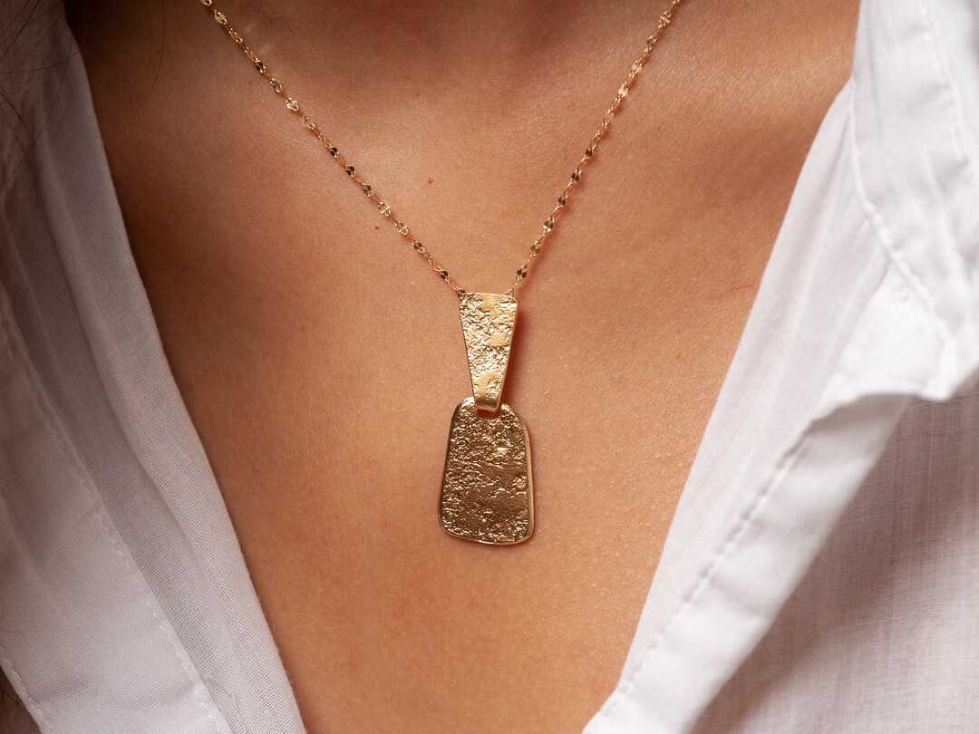 Ethnic 14k Solid Gold Geometric Rectangle Pendant, Ancient Rustic ...