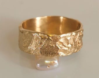 14k Melted Texture Gold Ring for Men,  Men's Rough Wedding Band