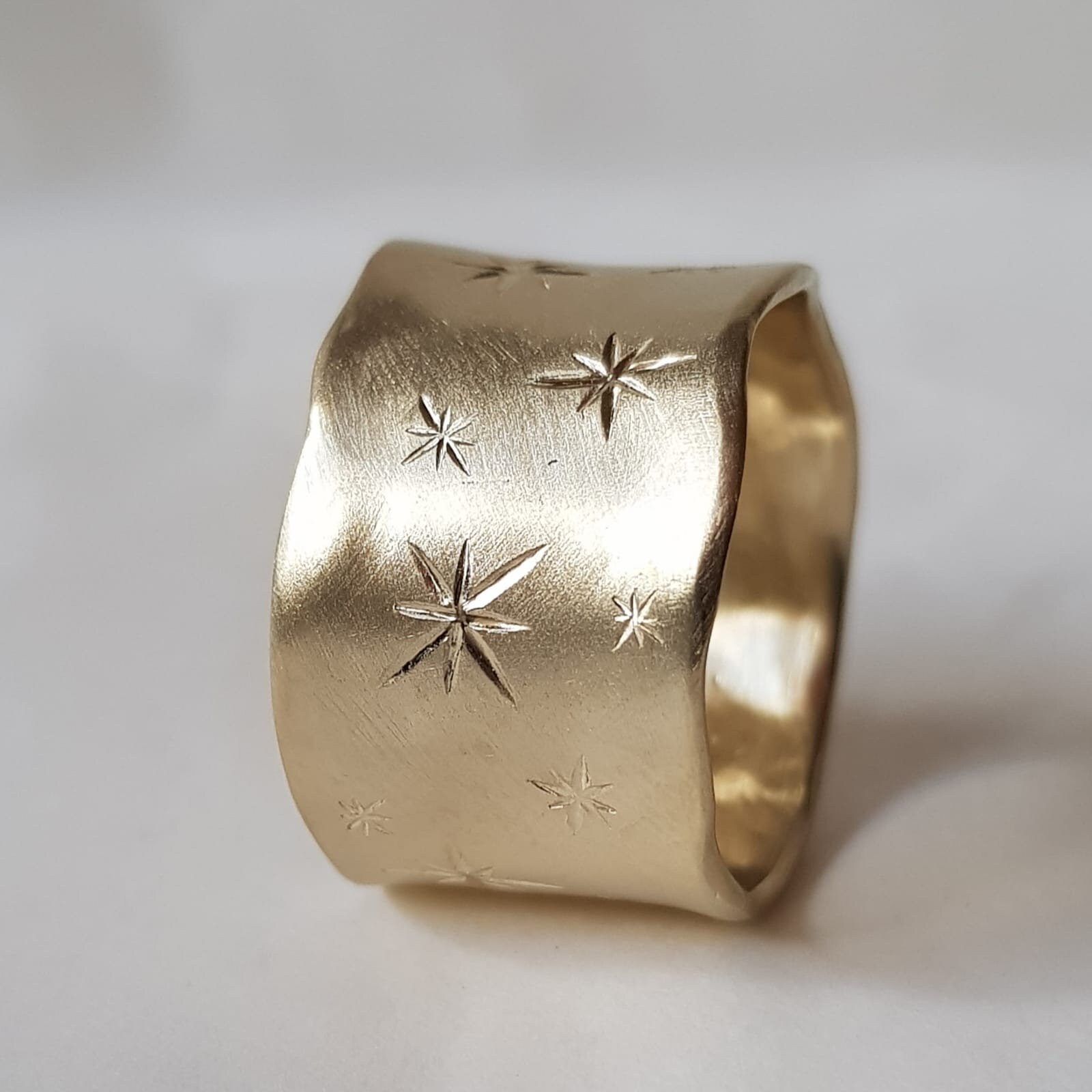 14K Yellow Gold Rustic Ring 14mm Width Unique Ring With Stars | Etsy