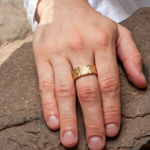 18K Gold Hammered Wedding Band, 9-10mm Wide Gold Ring, 2 mm Thick Band Ring, Textured Organic Gold Ring for Men, Statement Gold Ring image 2