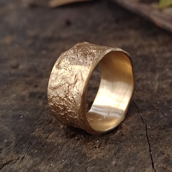 18K Melted Gold Ring For Women, 10mm Wide Gold Ring, Hammered Gold Ring, Thick Wedding Ring, Rough Textured Ring, Chunky Gold Ring Gift