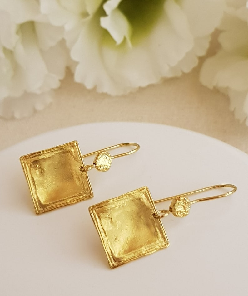 Polished Square Drop Earring Gold Boho Bohemian Gold Square Etsy