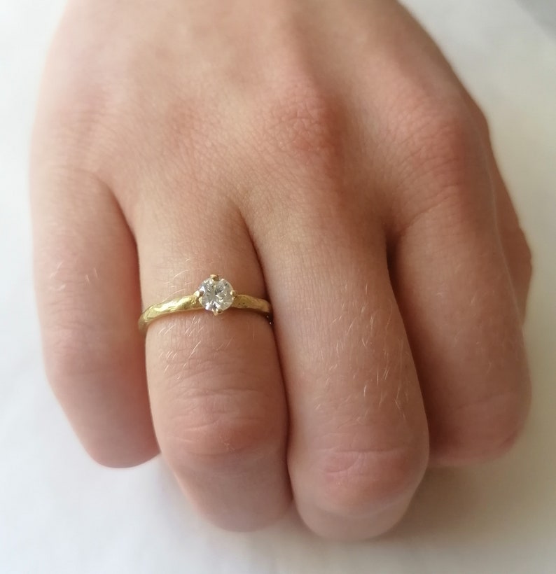 Diamond Engagement Ring with Half Carat Diamond, 4 Prong Diamond Ring, 18K Hammered Gold, Natural 0.5ct Diamond Ring, Solitaire Diamond Ring image 2