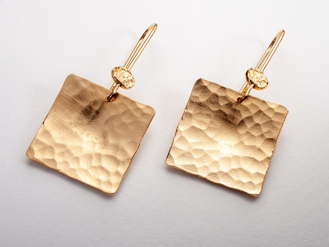 Large Hammered 14k Gold Square Drop Earrings, Hammered Gold Geometric
