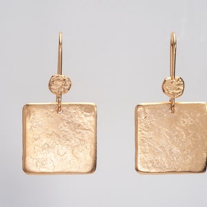 18K Large Square Gold Drop Earrings, Solid Gold Earrings, Textured and Hammered Gold Earrings, Israeli Jewlery, Handmade Gold Earrings image 6