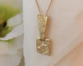 14k Solid Gold Ancient Flat Hammered Pendant, Raw Textured Ethnic Gold Necklace, Handmade Gift