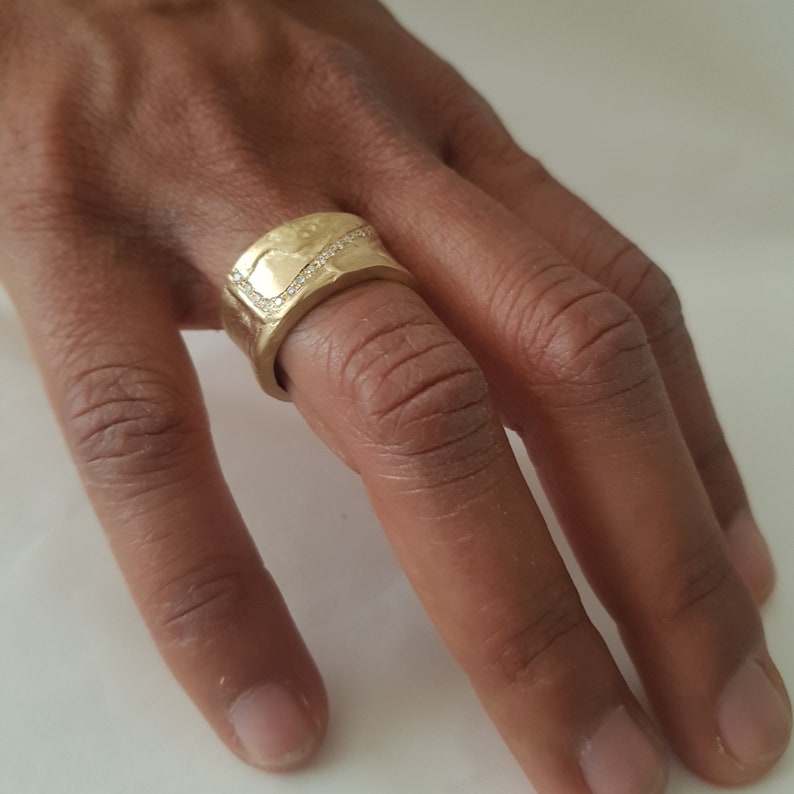 18K Gold Diamonds Band Ring, Cigar Band Ring, Wide Gold Band, Organic Gold Ring, Thick Band Rings, Hammered Gold Ring, Textured Wedding Ring image 8