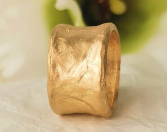 Lower karat !Rustic Antique 22k Solid Gold Ring 12mm Wide Wedding Band with Textured Surface