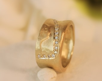 14k Gold Artisan Diamond Ring, Wide Cigar Band Ring, 11mm Wedding Band Ring For Women with 15 Diamonds, Vintage Textured Diamond Ring