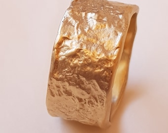 10K Wide Gold Hammered Wedding Band, Organic Textured Gold Ring for Women, Statement Gold Ring