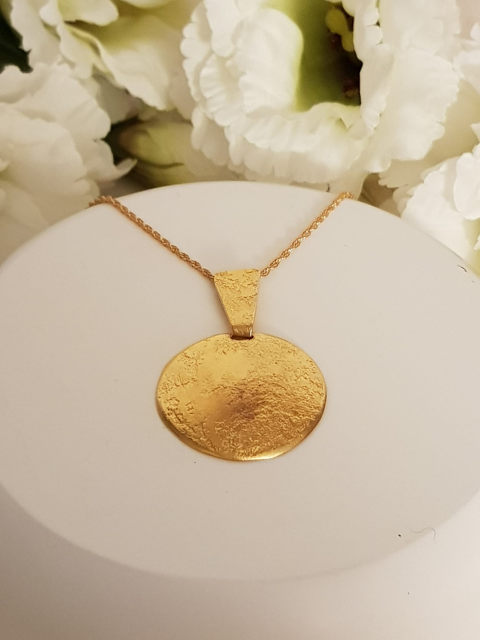 Long Large Gold Pendant Necklace,circle Oval Rustic Pendant, Delicate, 18k Gold Plated Chain