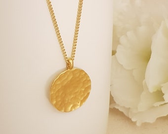 Large hammered gold disc necklace - gold circle necklace - long necklace - large disc necklace - personalised disk - layering necklace