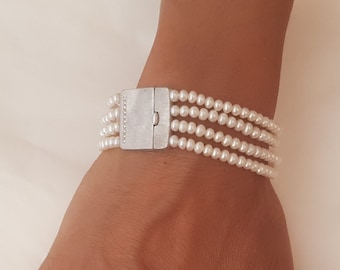 Vintage Style 4 Strand White Pearl Bracelet, 14k Solid White Gold Chunky Matte Clasp With 10 Diamonds, Handmade Gift For Her