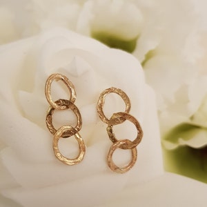 Handmade Gold Earrings, Hammered 18k Gold Hoop Earrings, Three Small Circle Gold Earrings, Minimalist Style Unique Earrings