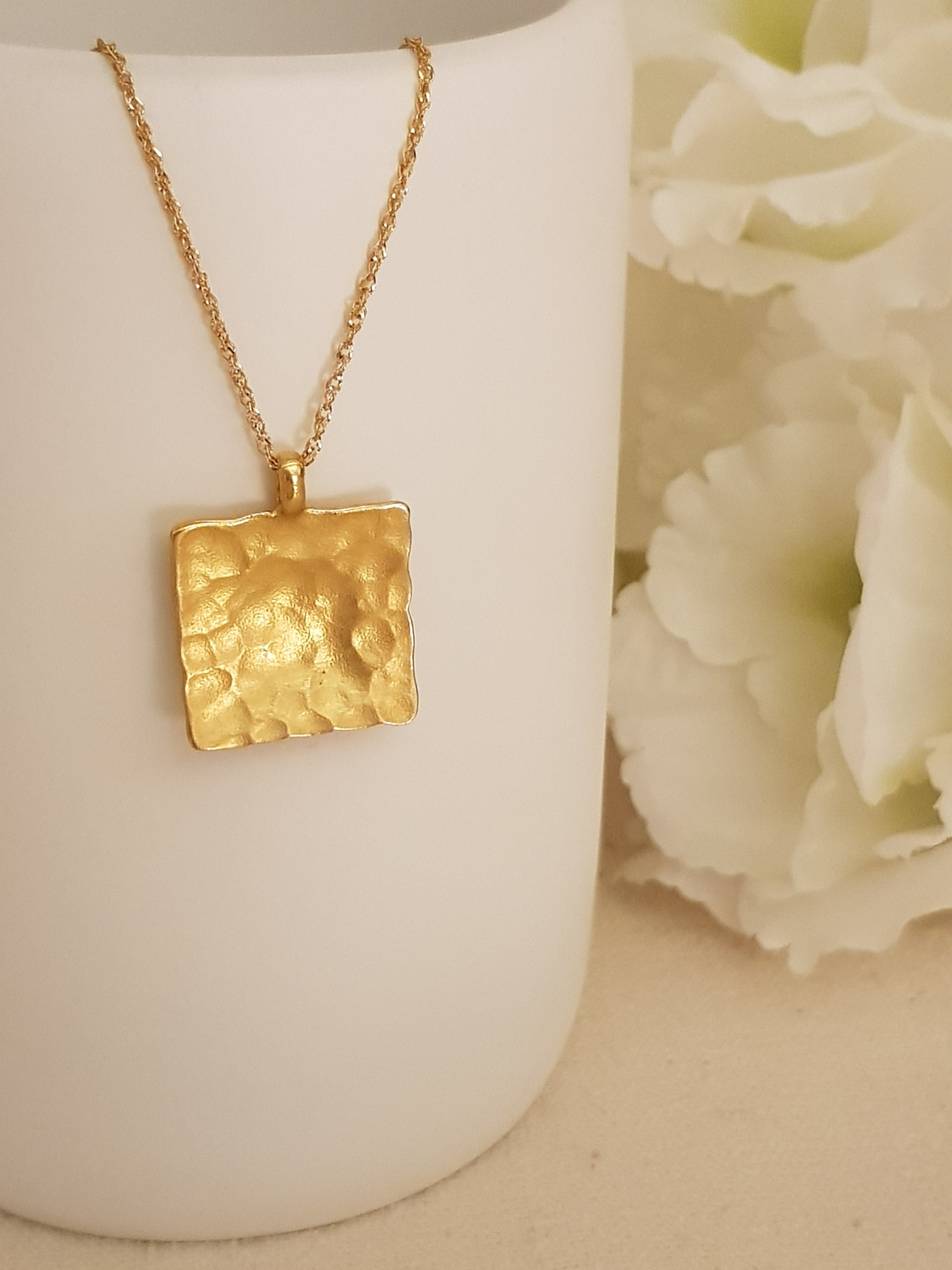 Large hammered Gold Rectangle Square Necklace Simple