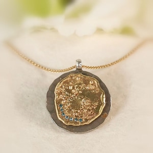 14k Gold Coin Medallion Necklace With Small Blue Diamonds, Vintage Coin Necklace Ancient Style Jewelry Handmade