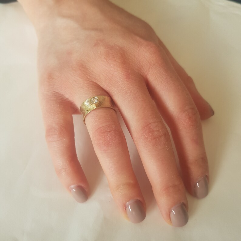 Wide Diamond Engagement Ring, 14K Yellow Gold Band, Unique Diamond Band, Vintage Engagement Ring, Diamond Solitaire Ring, Women Diamond Band
