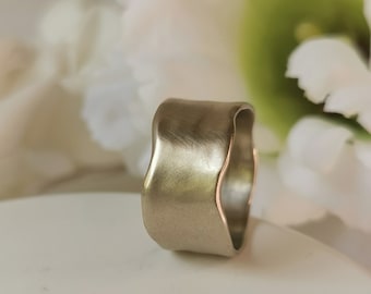 14K White Gold Wedding Band, Organic White Gold 11mm Wide Band Ring