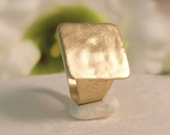 14k Solid Gold Flat 12mm Square Signet Ring, Large Heavy Chunky Statement Ring, Hammered Handmade Gold Jewelry