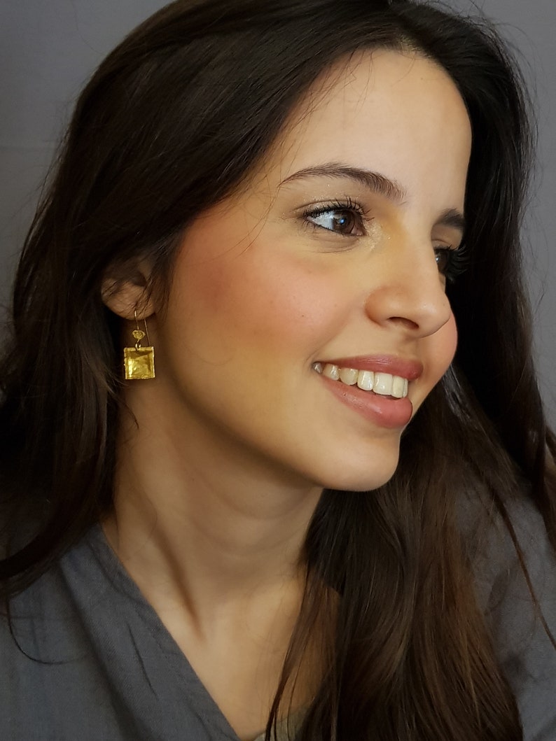 Polished Square Drop Earring Gold Boho Bohemian Gold Square Etsy