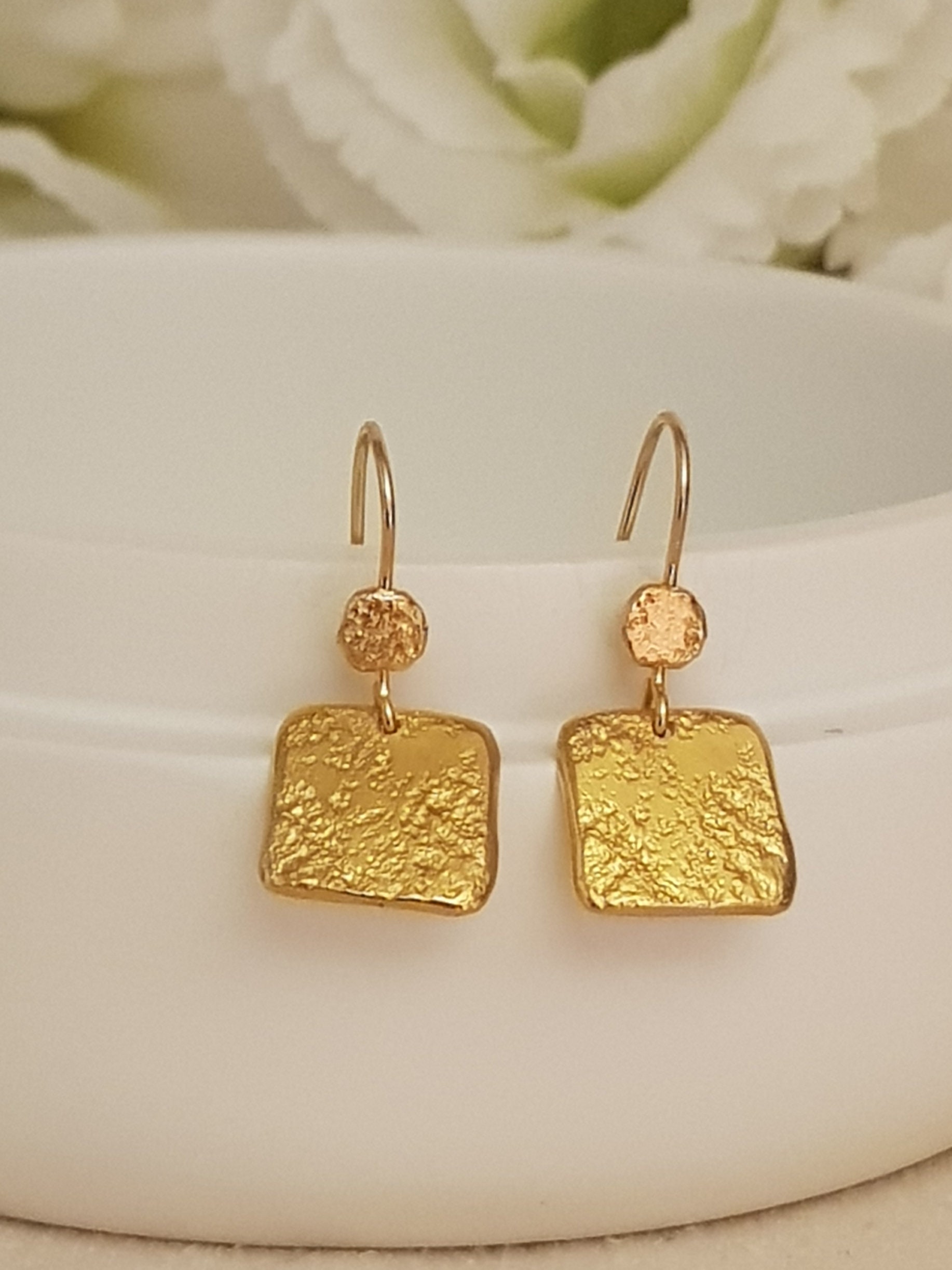 Gold Square Dangle Earrings Hammered Drop Earrings for Women Etsy