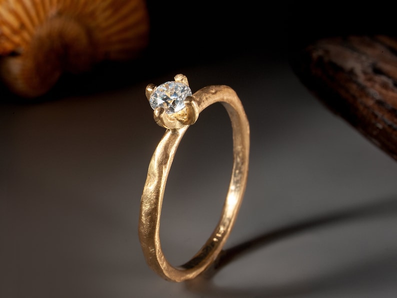 Diamond Engagement Ring with Half Carat Diamond, 4 Prong Diamond Ring, 18K Hammered Gold, Natural 0.5ct Diamond Ring, Solitaire Diamond Ring image 1
