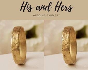 His and Hers Wedding Band Set, 18k Solid Gold Ring, 4mm Wedding Band, Hammered Gold Ring, Textured Ring, Unique Wedding Band Set