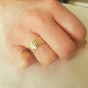 Wide Diamond Engagement Ring, 14K Yellow Gold Band, Unique Diamond Band, Vintage Engagement Ring, Diamond Solitaire Ring, Women Diamond Band