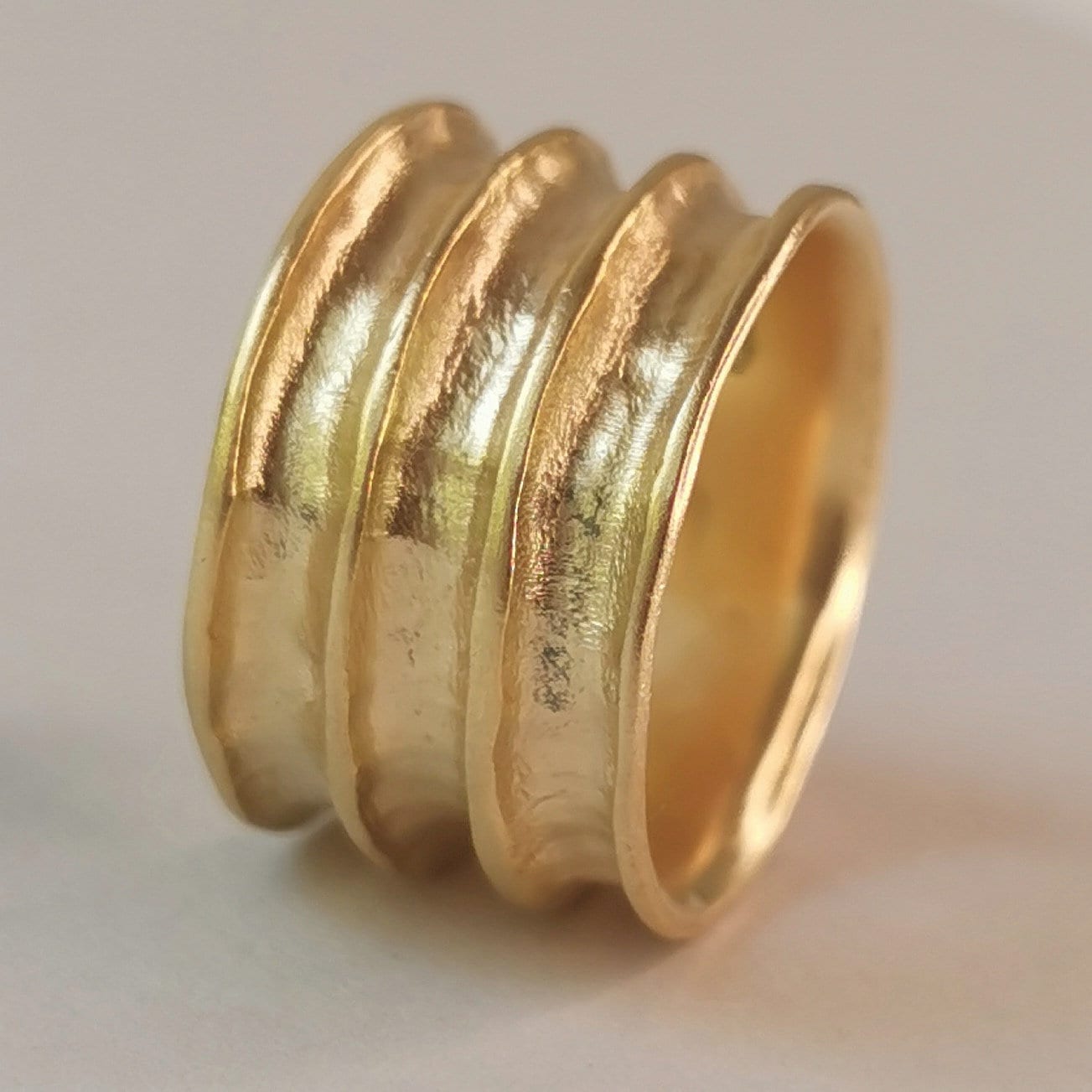 18k Ribbed Solid Gold Statement Ring, Wide Cigar Band, Accordion Banded Ring, Handmade Gift For Him Or Her