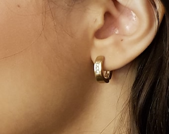 Unique Small gold diamond huggie hoops earrings, unusual gold diamond women earrings