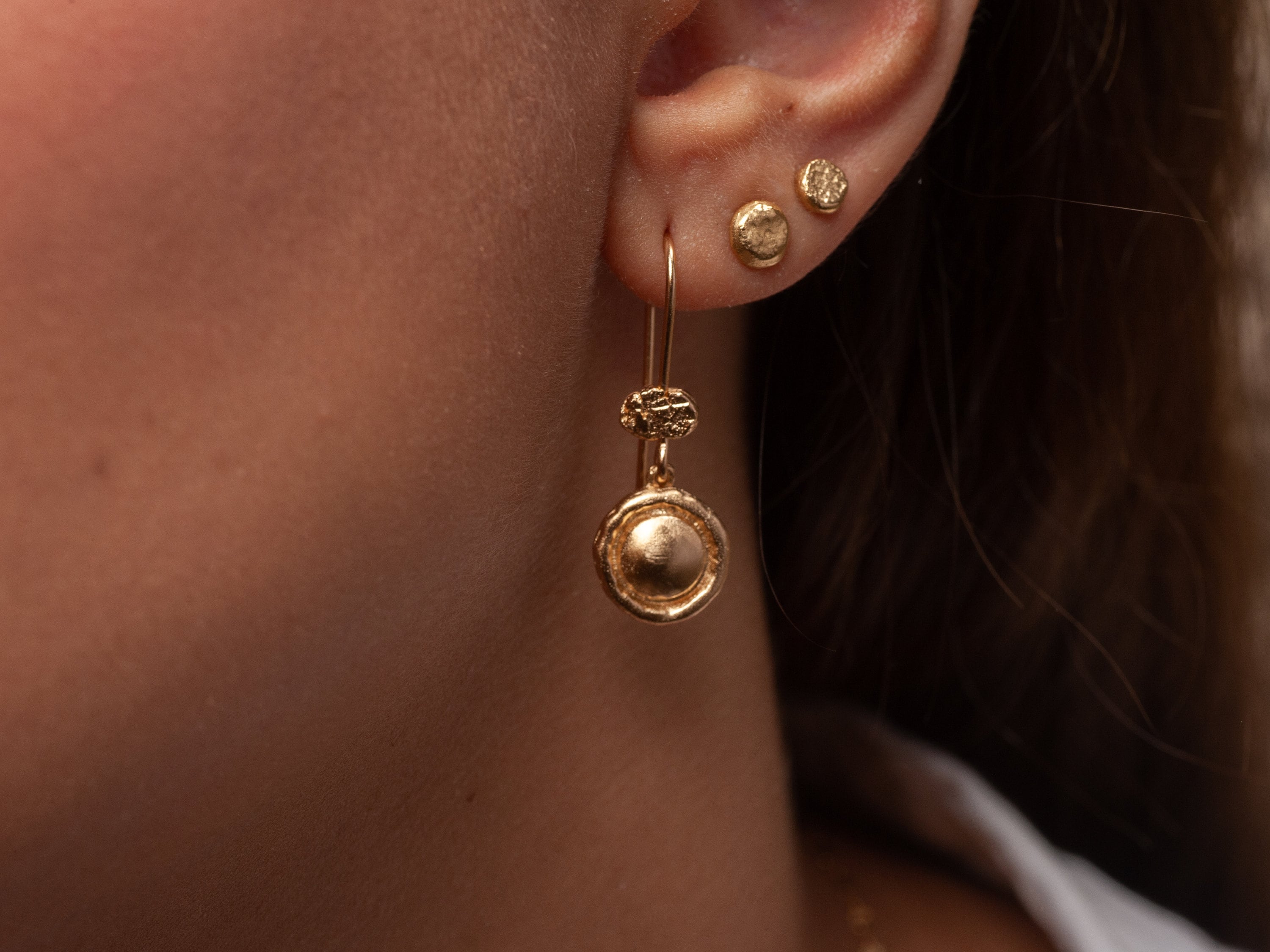 Round 14k Solid Gold Dome Earrings, Ethnic Ancient Stye Dangle and Drop ...