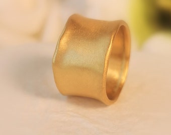 22k Solid Gold 12mm Wide Cigar Band Ring, Thick Chunky Matte Statement Ring, Raw Organic Gold Handmade Jewelry