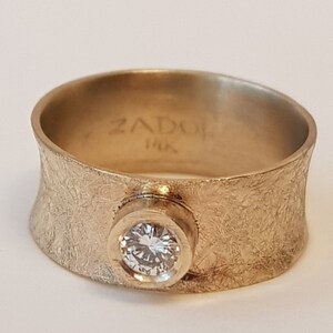 Wide Diamond Engagement Ring, 14K Yellow Gold Band, Unique Diamond Band, Vintage Engagement Ring, Diamond Solitaire Ring, Women Diamond Band