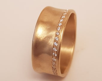 18K Wide Gold Band with 18 Small Flush Set Diamonds, Unique Cigar Band Ring, Gold Engagement Ring, 9mm Wide Wedding Band, Thick Diamond Ring