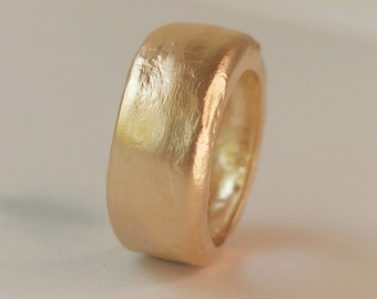 Textured 14k Gold Cigar Band Ring, Rustic Organic Gold Wedding Band Ring, Chunky Yellow Gold Ring