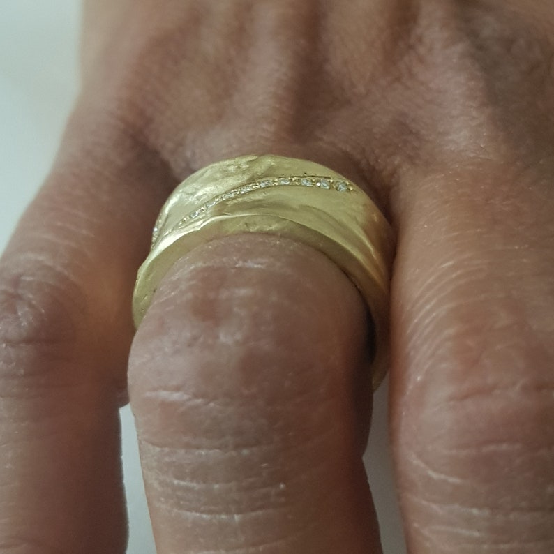 18K Gold Diamonds Band Ring, Cigar Band Ring, Wide Gold Band, Organic Gold Ring, Thick Band Rings, Hammered Gold Ring, Textured Wedding Ring image 4