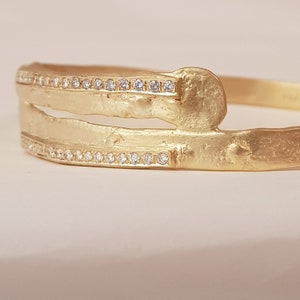 18K Gold Bangle Bracelet With Diamonds, Engagement Jewelry, Gold Bypass Bangle, Gold Diamond Pave Bangle for Women, Fine Jewelry