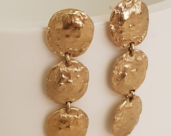 14k Gold Drop Earrings, Long Hammered Gold Dangle Earrings, 3 Tier / 3 Disc / 3 Coin Earrings With Rough Rustic Textured Surface