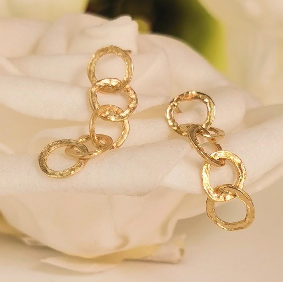Dangle Gold Hoop Link Gold Earrings, Long Handmade Solid Gold 5 Tier Hoop Dangle Earrings for Women, Graduation Gift for Her