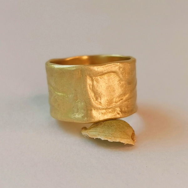 Raw Textured 22k Solid Gold Wedding Band, Wide 12mm Molten Hammered Gold Statement Ring, Handmade Gift