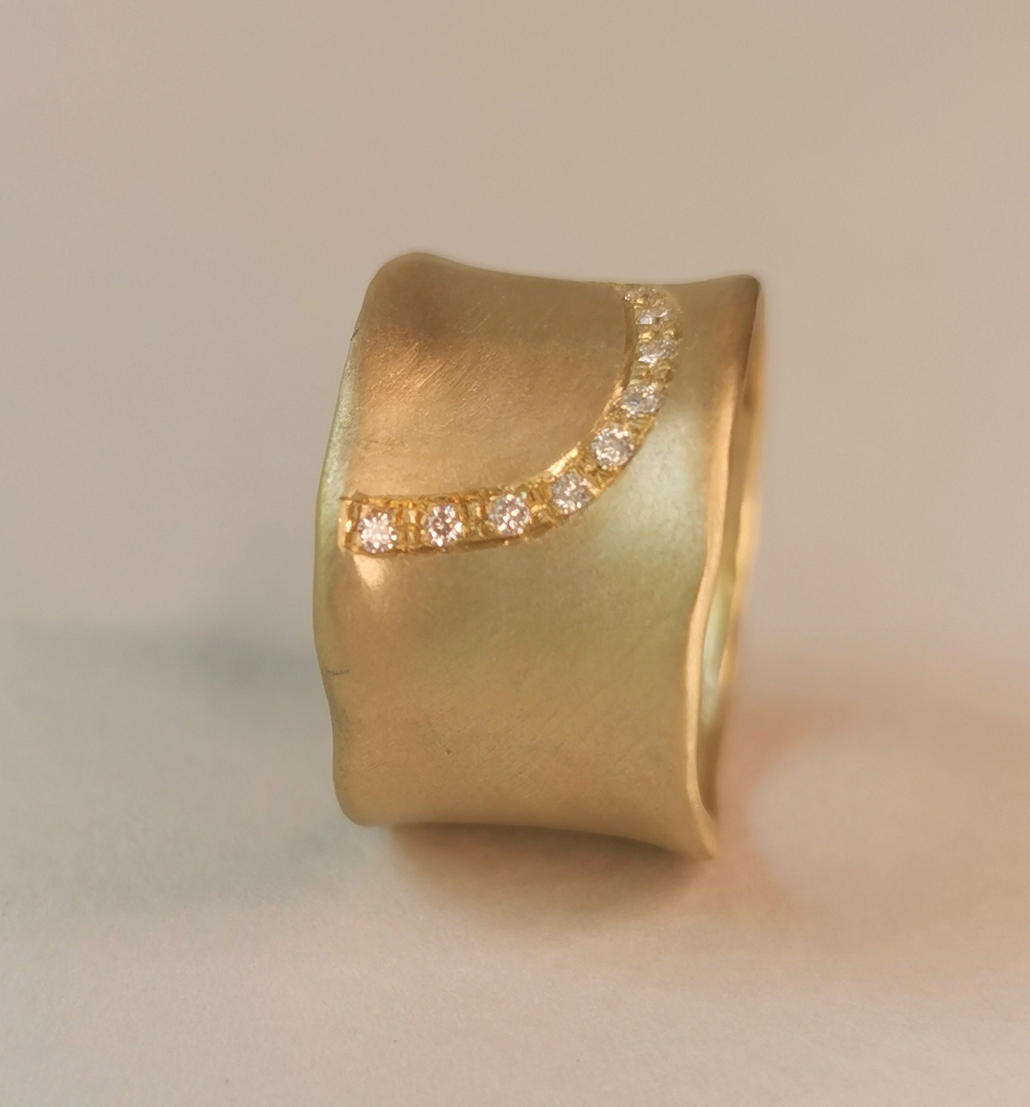 18k Gold Wide Band With Diamonds, 12mm Wide Gold Wedding Band With 15 18k Gold Wide Band With Diamonds, 12mm Wide Gold Wedding Band With 15