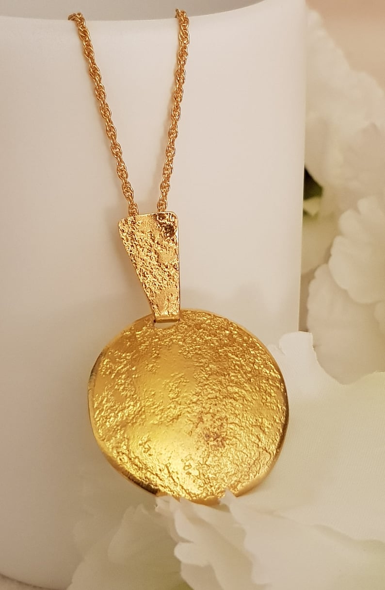Long Large Gold Pendant Necklacecircle Oval Rustic Pendant Etsy