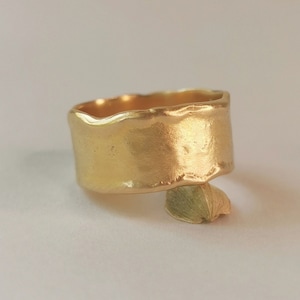 Wide 18k Solid Gold Cigar Band Ring, Raw Organic Ancient Melted Gold Ring, Unique Textured Wedding Band