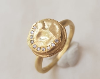 Förlovningsring med hamrad gulddiamant, ring med 10 små diamanter, vintagesmycken, ringar i 18 karat guld för kvinnor, unik förlovningsring