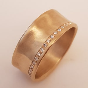 14K Wide Diamond Gold Band, Gold Engagement Ring, Solid Gold Ring, Thick Band With Diamonds, 9mm Wide Wedding Band, Diamond Cigar Band Ring