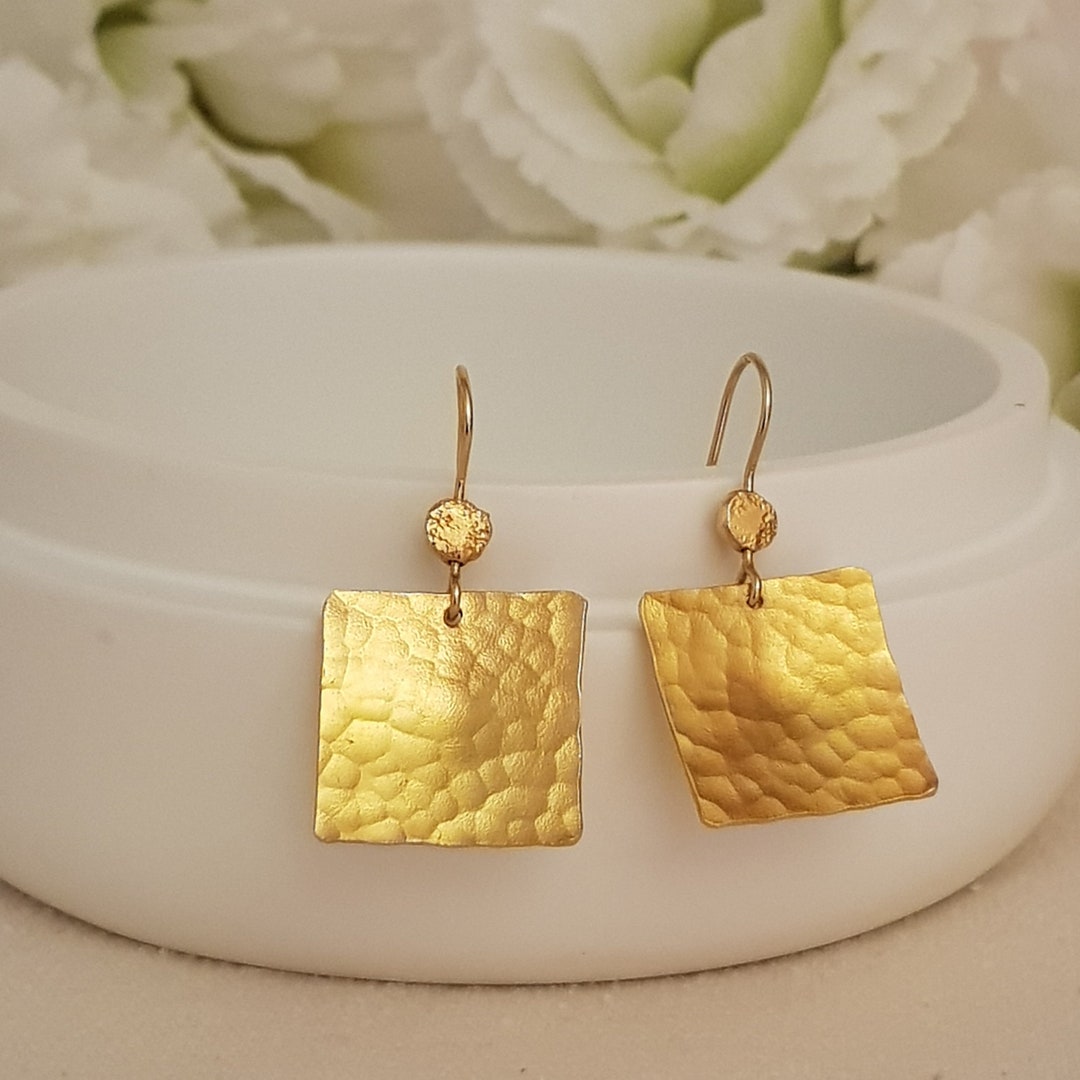 Square Dangle Earrings Yellow Gold Dainty Gift for Sister Everyday